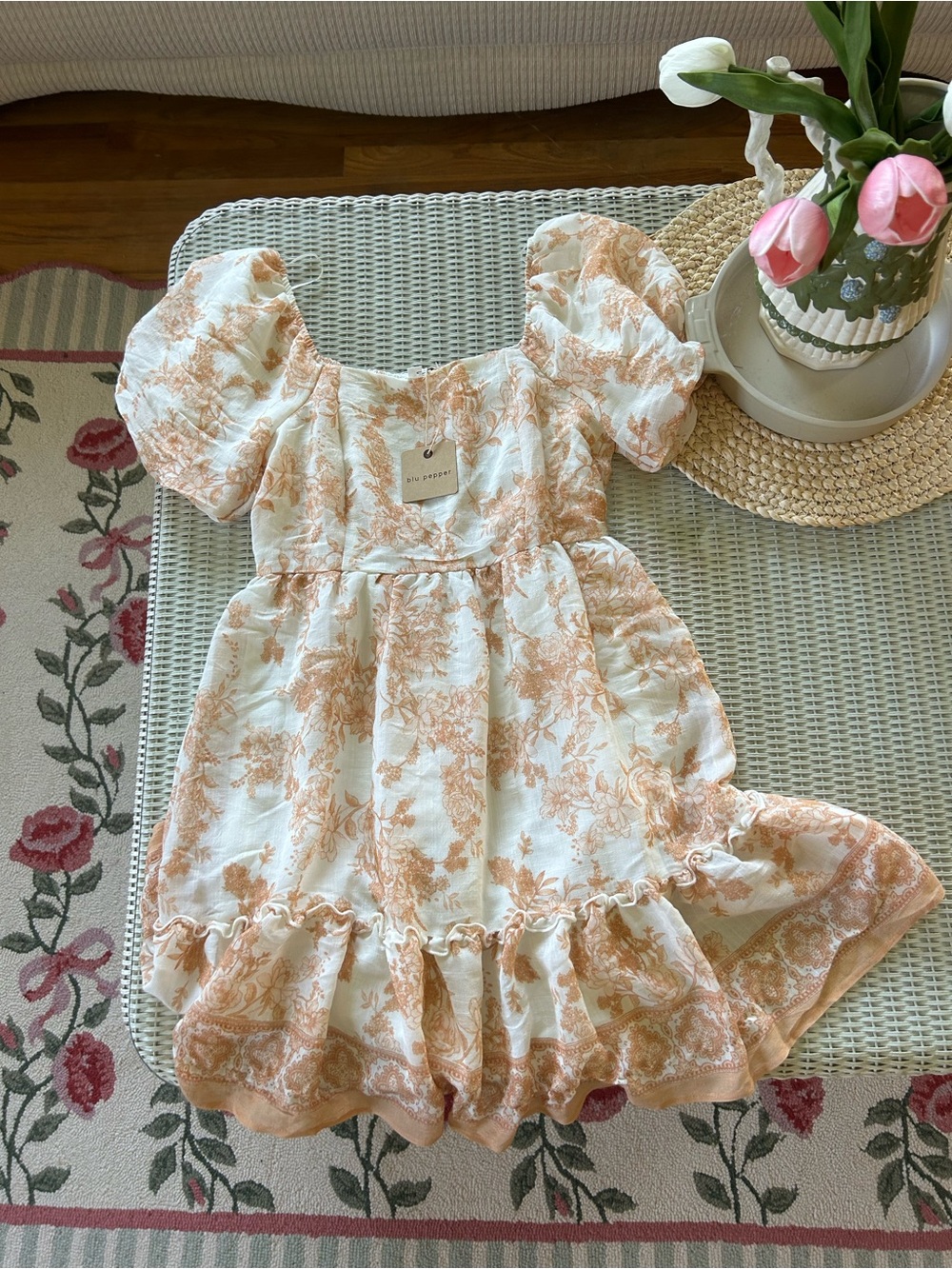 Blu Pepper Cream and Tan Floral Puff-Sleeve Mini Dress